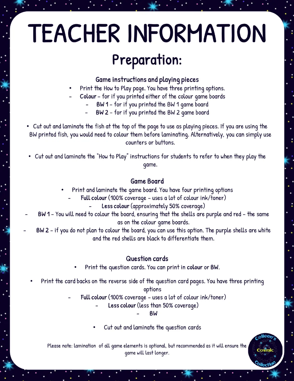Teacher information: preparation steps for printing, cutting and laminating fish pieces, game boards and question cards