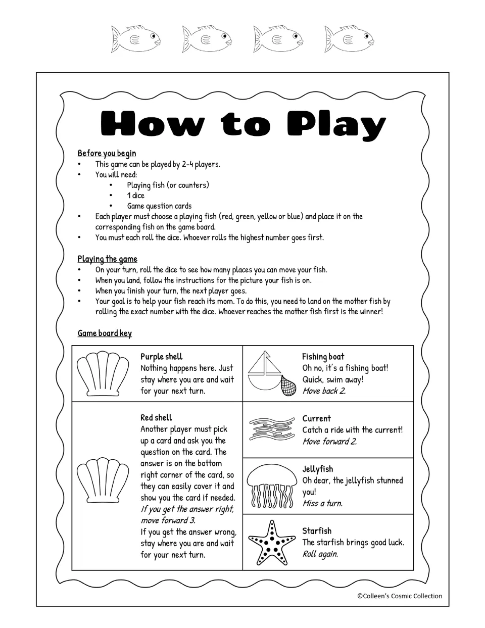 Black-and-white How to Play rules with a key for purple and red shells, fishing boat, current, jellyfish and starfish