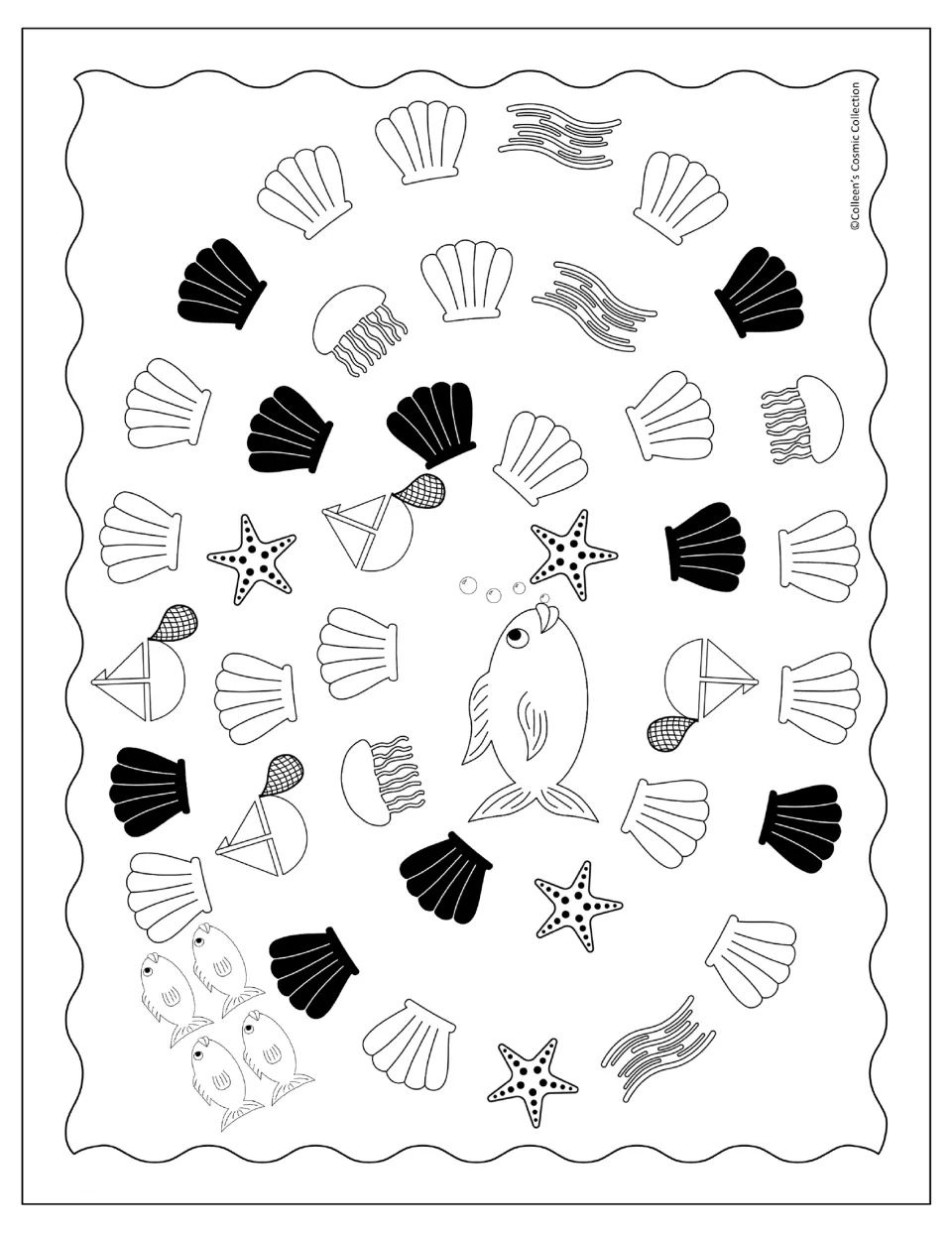 Black-and-white board with black and white shells marking question and wait squares on a spiral path to the mother fish