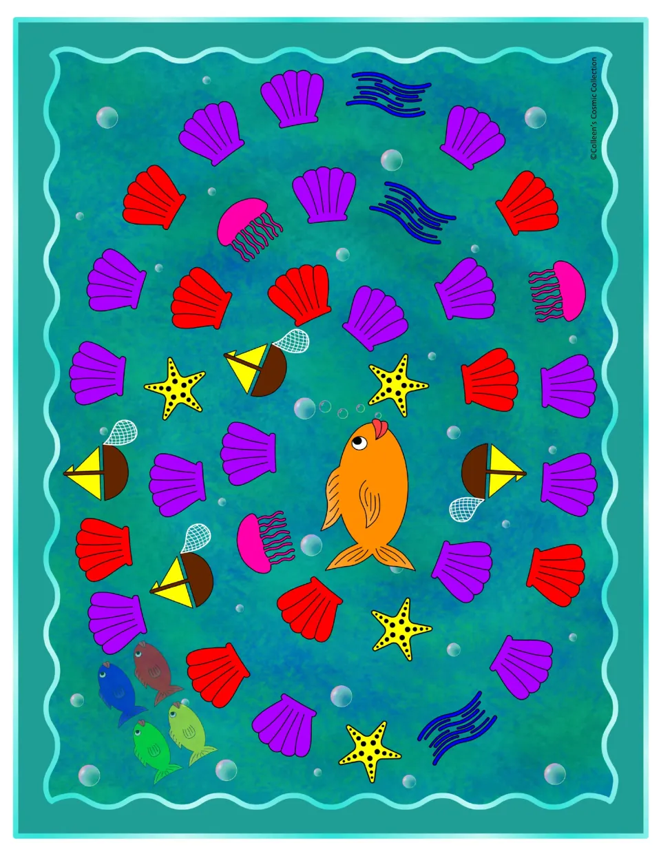 Full-colour ocean game board: a spiral path of shells, starfish, jellyfish and boats leading players to the mother fish