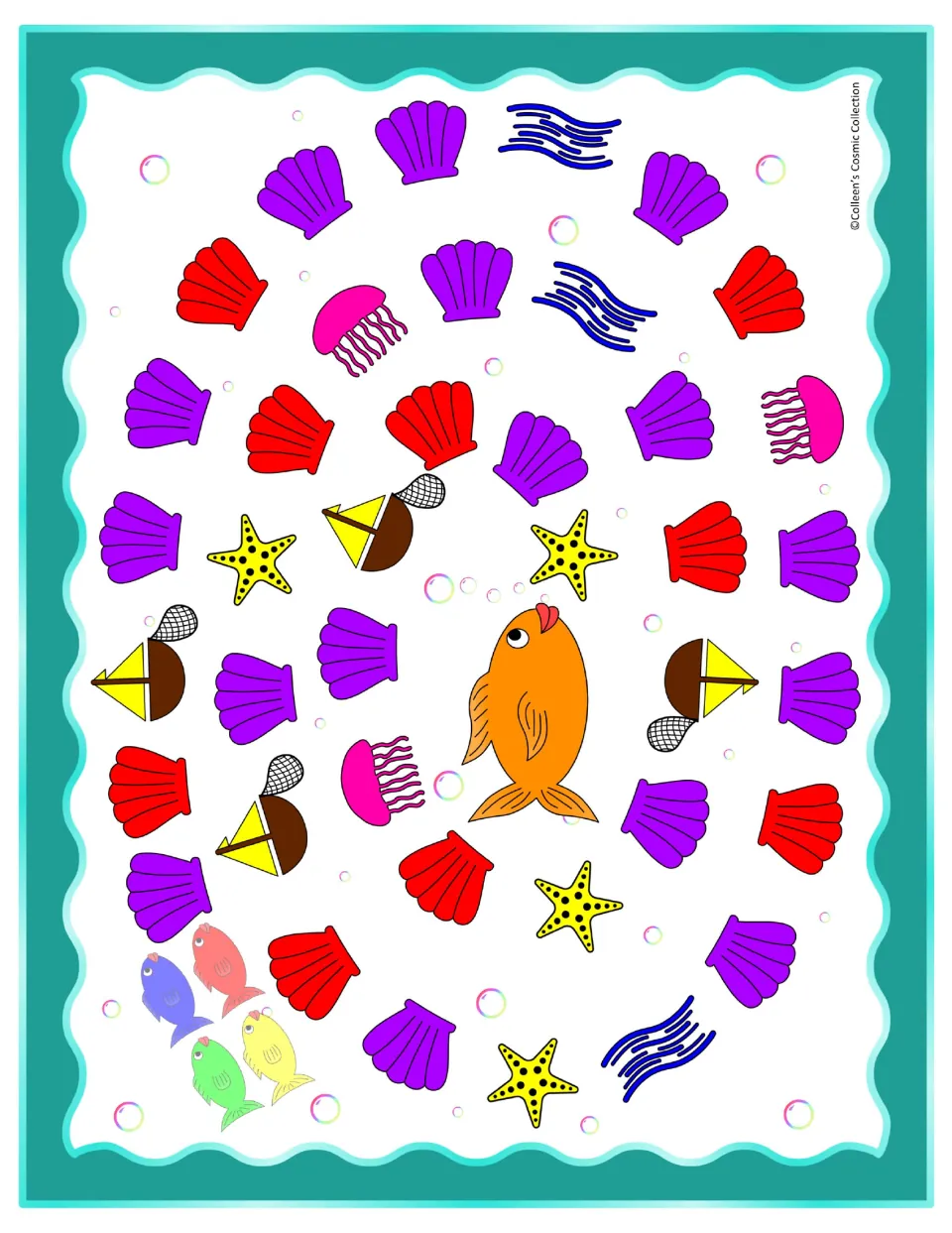 Less-colour game board on a white background: the same shell and starfish spiral path leading to the orange mother fish