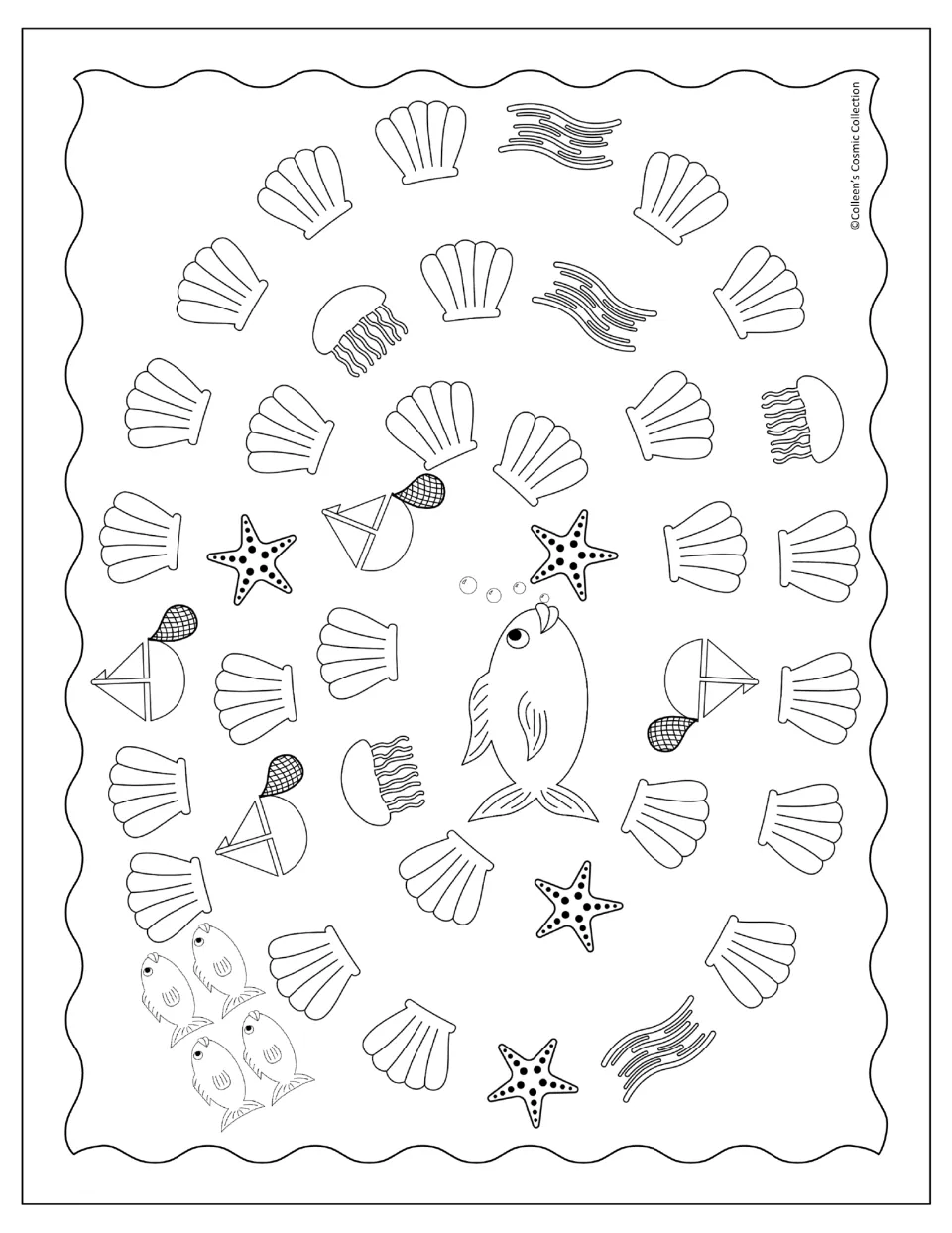 BW 1 outline game board for students to colour: a spiral of shells, jellyfish, boats and starfish ending at the mother fish