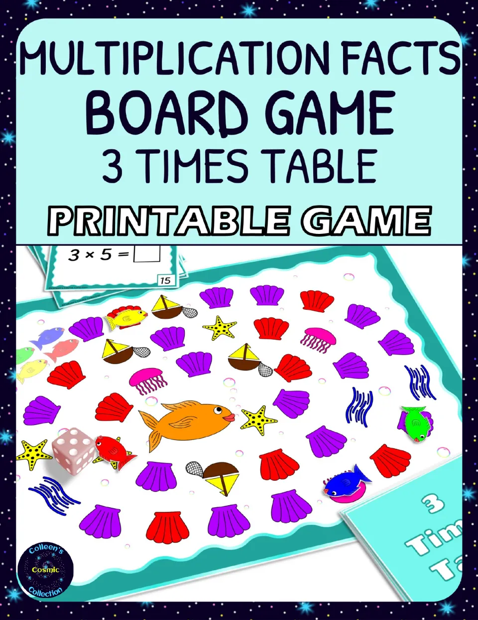 Cover of the 3 times table board game showing the underwater game board and a sample 3 × 5 question card