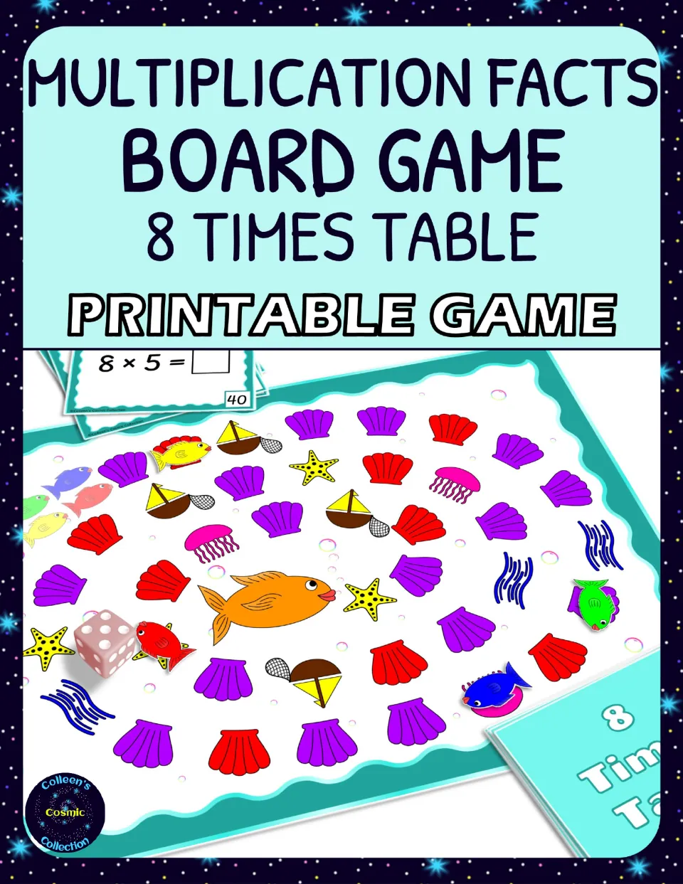 Multiplication facts board game cover for the 8 times table: ocean shell path, fish pieces, dice and 8 x 5 question card