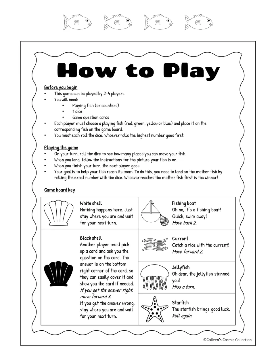 Black-and-white rules version keyed to white and black shells: land on a black shell to answer a card; right means forward 3