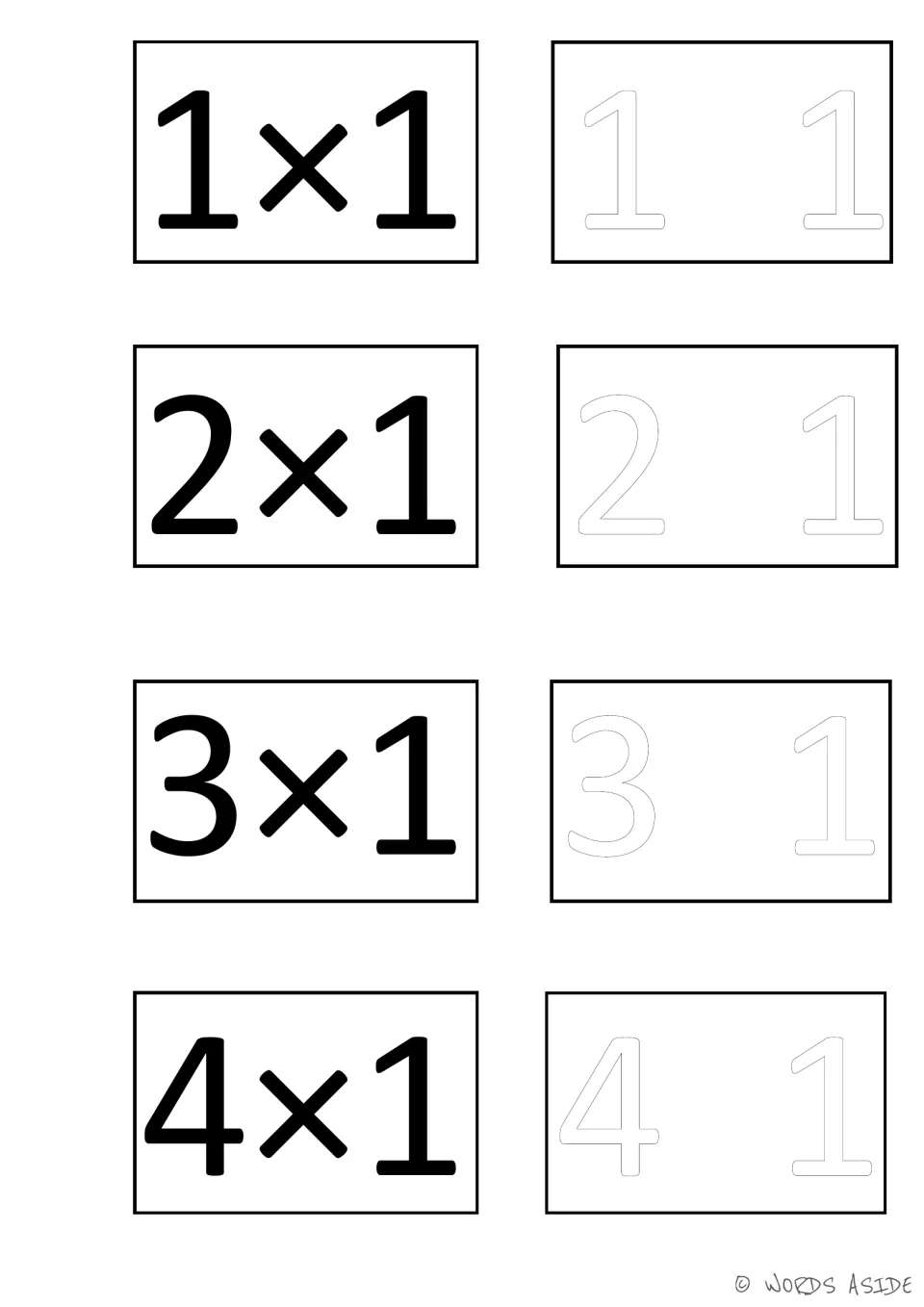 Times-one facts 1×1 to 4×1: each printed fact card is paired with a card of outlined factors for students to color in