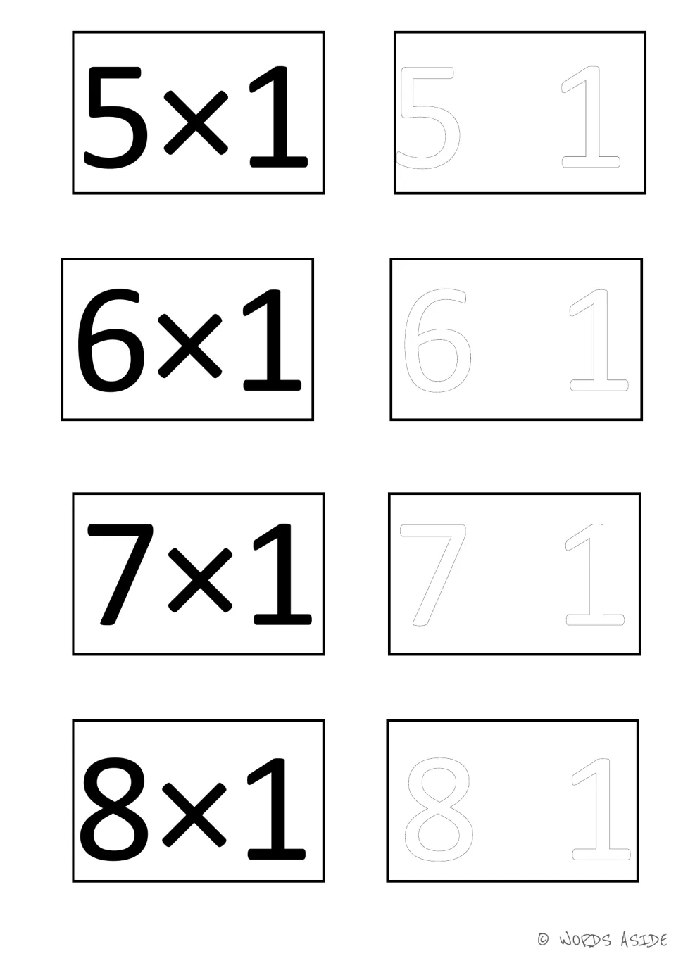 Facts 5×1 through 8×1 in bold print, each matched with outline numerals of the two factors that students color in