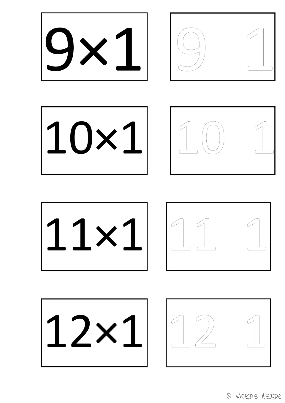 Facts 9×1, 10×1, 11×1 and 12×1 with matching outlined factor pairs for coloring, finishing the multiply-by-one set