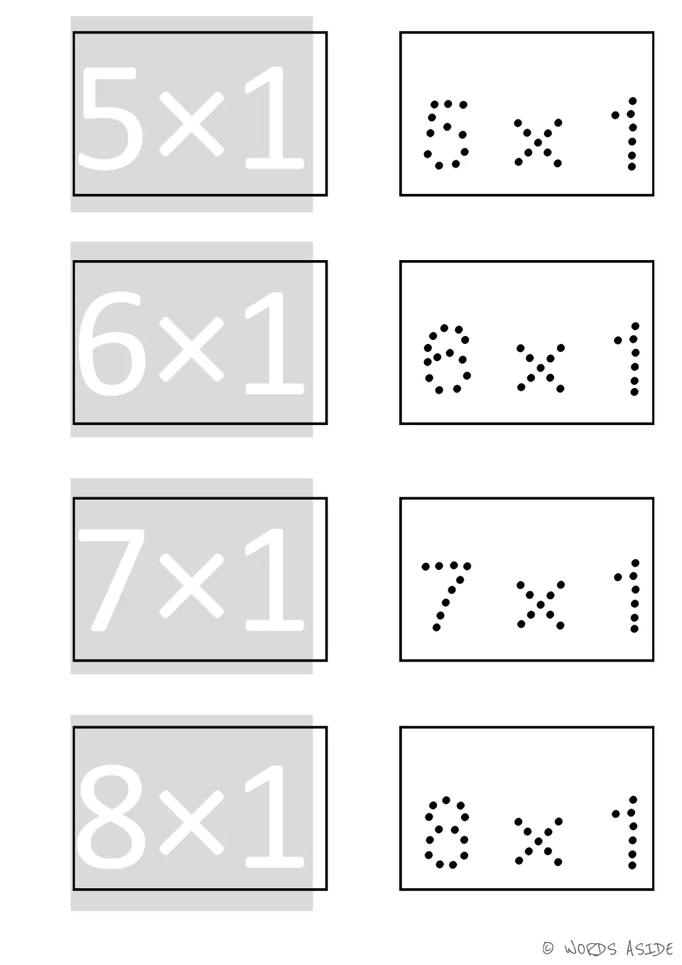 Tracing facts 5×1 to 8×1: white numerals on gray paired with dotted versions of each fact for students to write over