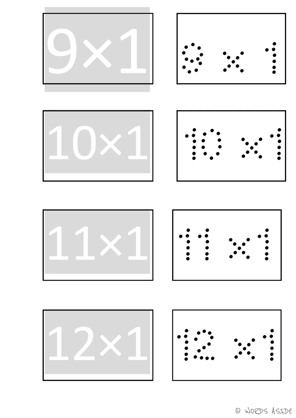 Tracing facts 9×1 to 12×1: white numerals on gray next to dotted copies that students join dot by dot to write each fact