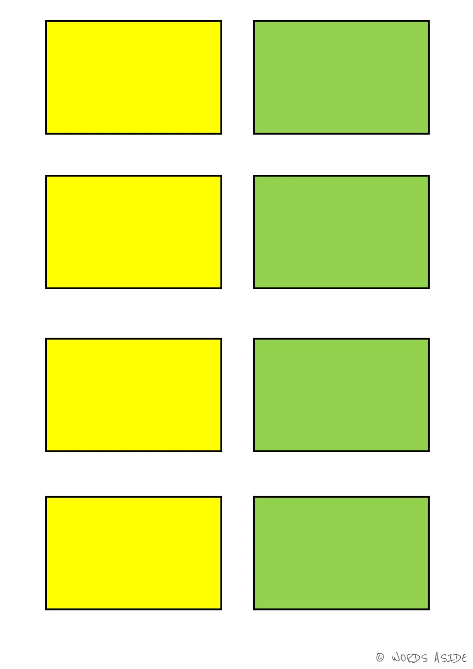 Yellow and green cards: four solid yellow and four solid green blank cards with no numbers or text printed on them