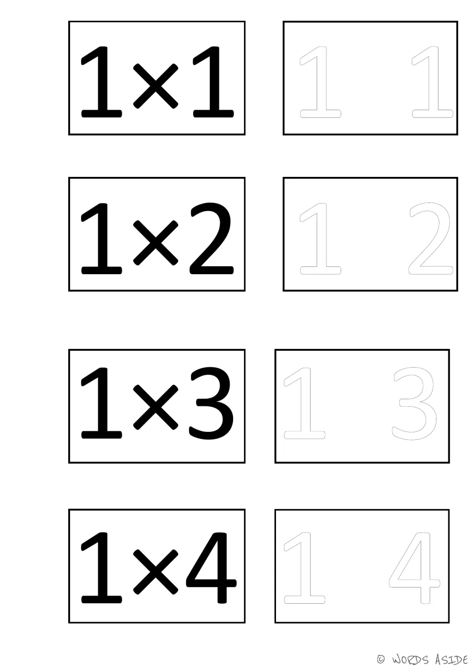 One-times facts 1×1, 1×2, 1×3 and 1×4 with the factors in outline numerals beside each card for students to color