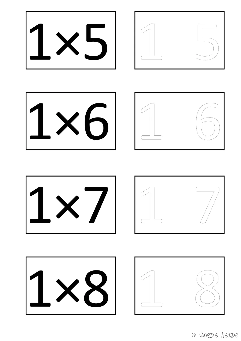 Facts 1×5 to 1×8: one as the first factor, each card set next to hollow numerals of its factors to color in