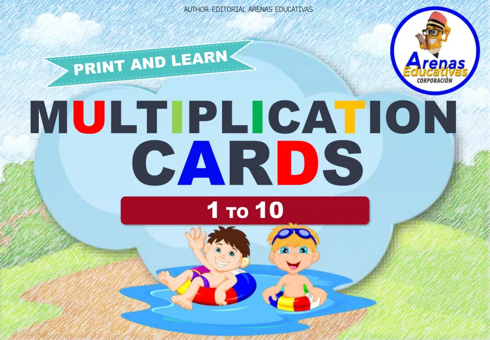 Multiplication Cards 1 to 10 cover, labeled Print and Learn, with two cartoon kids floating on swim rings in a pond