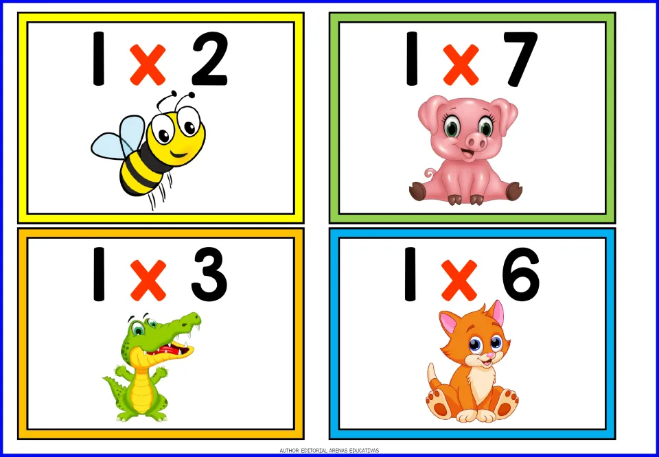 Times-one facts: four cards to solve, 1x2, 1x7, 1x3 and 1x6, each with a cartoon bee, pig, crocodile or kitten