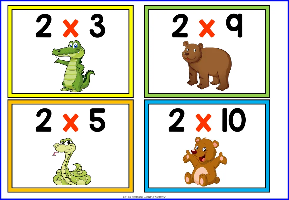 Times-two facts: four cards to solve, 2x3, 2x9, 2x5 and 2x10, with a cartoon crocodile, brown bear, snake and bear cub