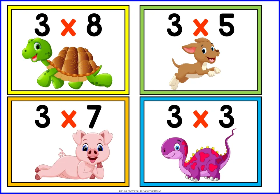 Times-three facts: four cards to solve, 3x8, 3x5, 3x7 and 3x3, with a cartoon tortoise, puppy, pig and purple dinosaur