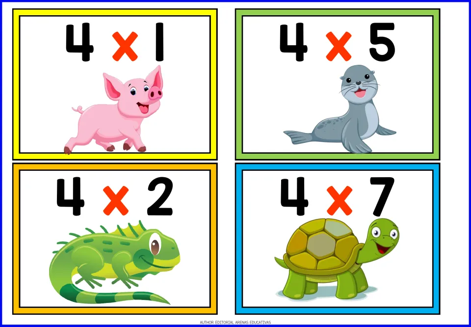 Times-four facts: four cards for recalling products, 4x1, 4x5, 4x2 and 4x7, with a cartoon pig, seal, iguana and turtle