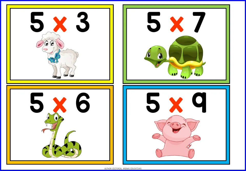 Times-five facts: four cards for recalling products, 5x3, 5x7, 5x6 and 5x9, with a cartoon lamb, turtle, snake and pig