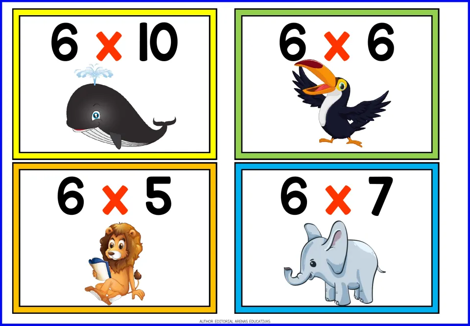 Times-six facts: four cards for recalling products, 6x10, 6x6, 6x5 and 6x7, with a cartoon whale, toucan, lion and elephant