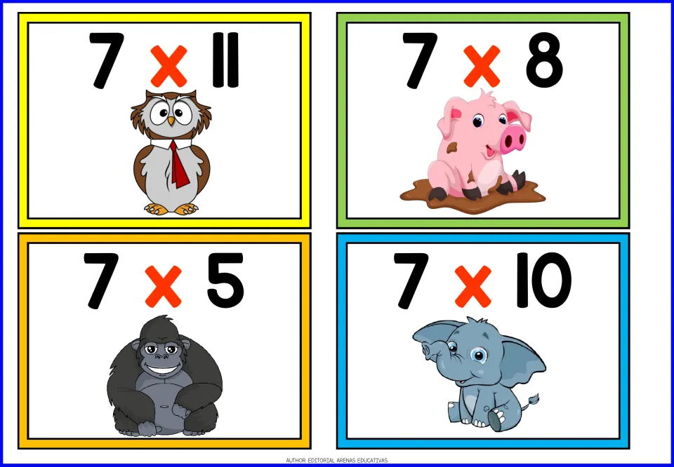 Times-seven facts: four cards to solve, 7x11, 7x8, 7x5 and 7x10, with a cartoon owl, muddy pig, gorilla and elephant