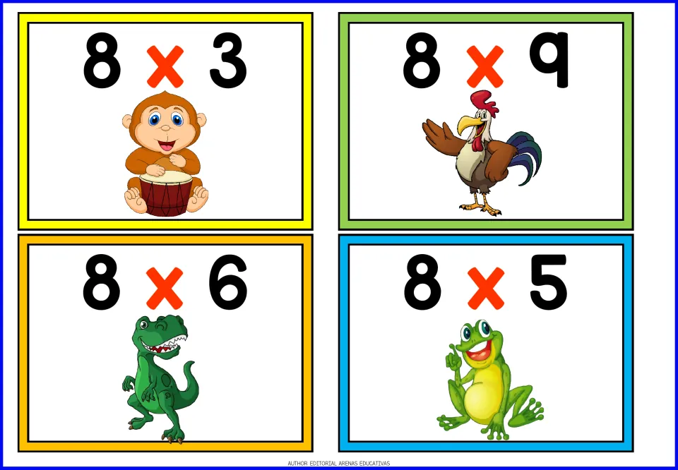 Times-eight facts: four cards to solve, 8x3, 8x9, 8x6 and 8x5, with a cartoon drumming monkey, rooster, T. rex and frog