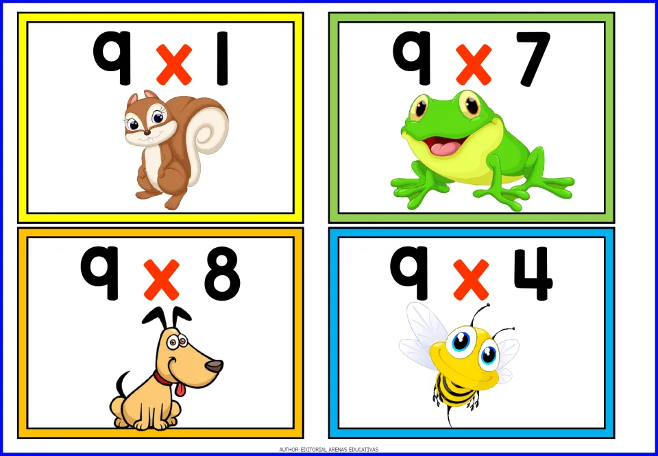 Times-nine facts: four cards for recalling products, 9x1, 9x7, 9x8 and 9x4, with a cartoon squirrel, frog, dog and bee