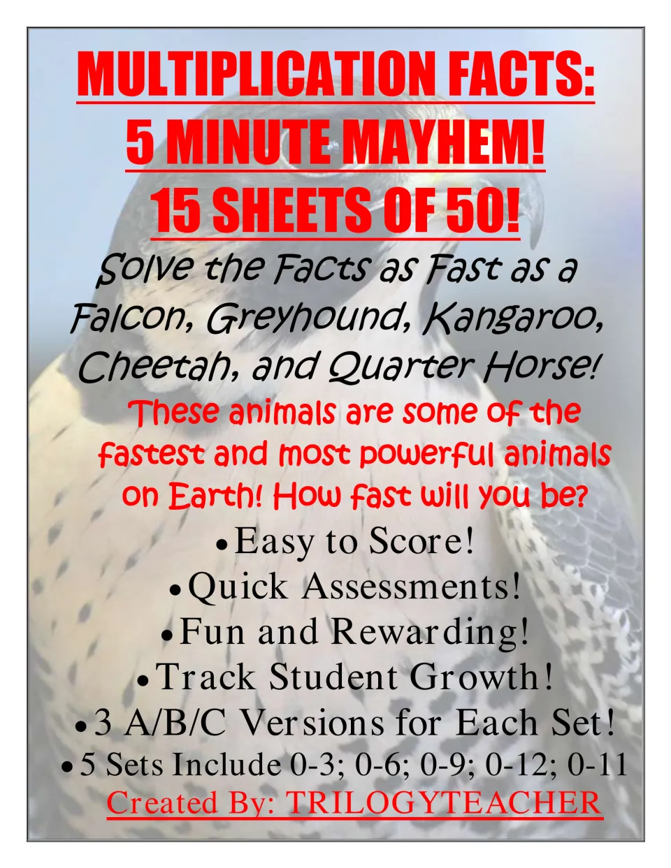 Multiplication Facts: 5 Minute Mayhem cover: 15 sheets of 50 facts in sets 0-3, 0-6, 0-9, 0-12 and 0-11, A/B/C versions