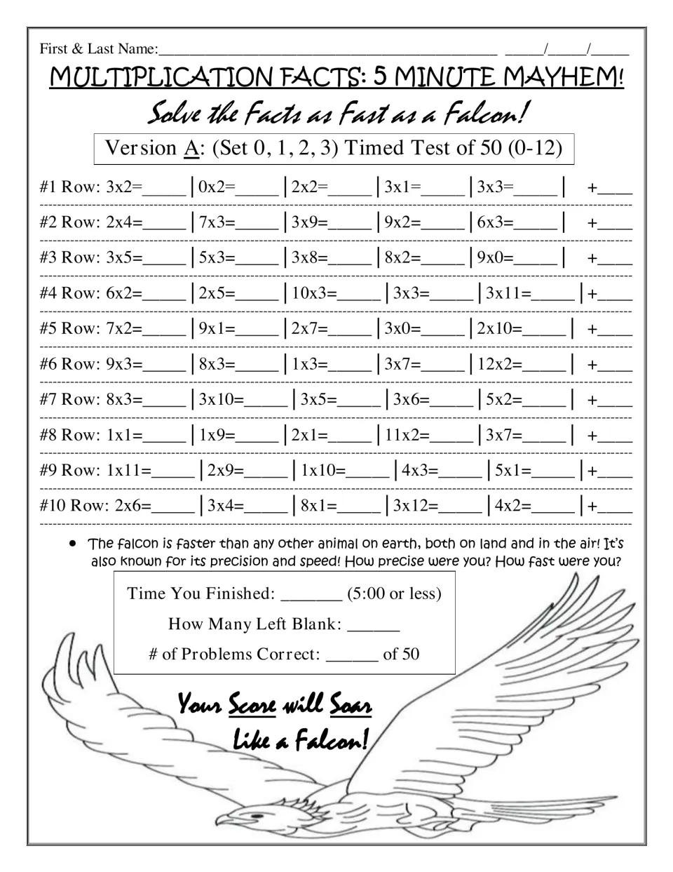 Falcon timed test, Version A: students solve 50 facts from the 0-3 tables, then record time, blanks and number correct