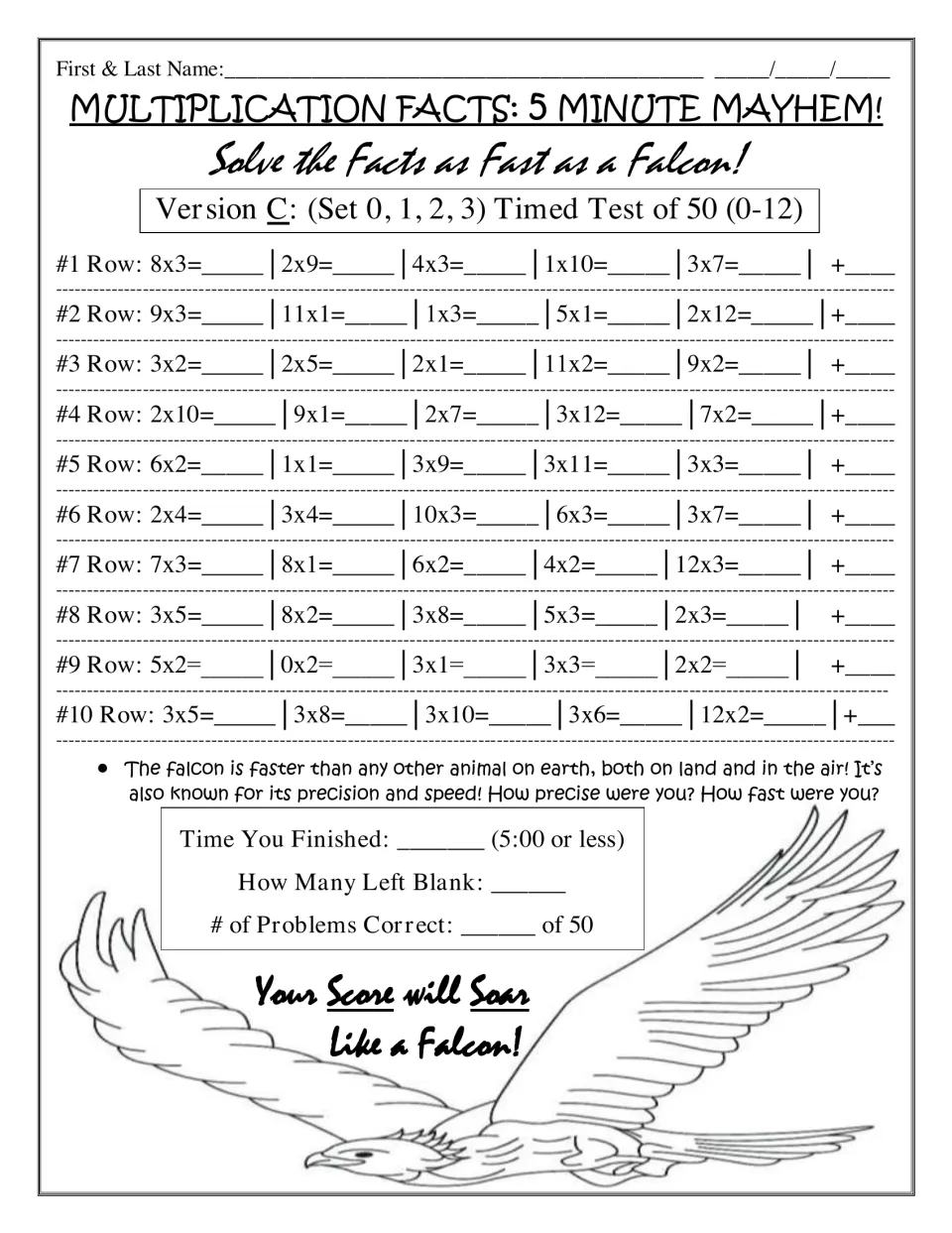 Falcon timed test, Version C: a third mix of 50 facts on the 0-3 tables for students to solve and self-score in 5 minutes
