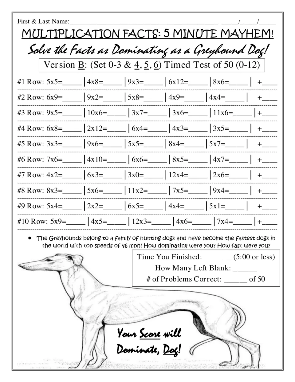 Greyhound timed test, Version B: 50 reordered facts from the 0-6 tables, with a greyhound speed fact and self-scoring