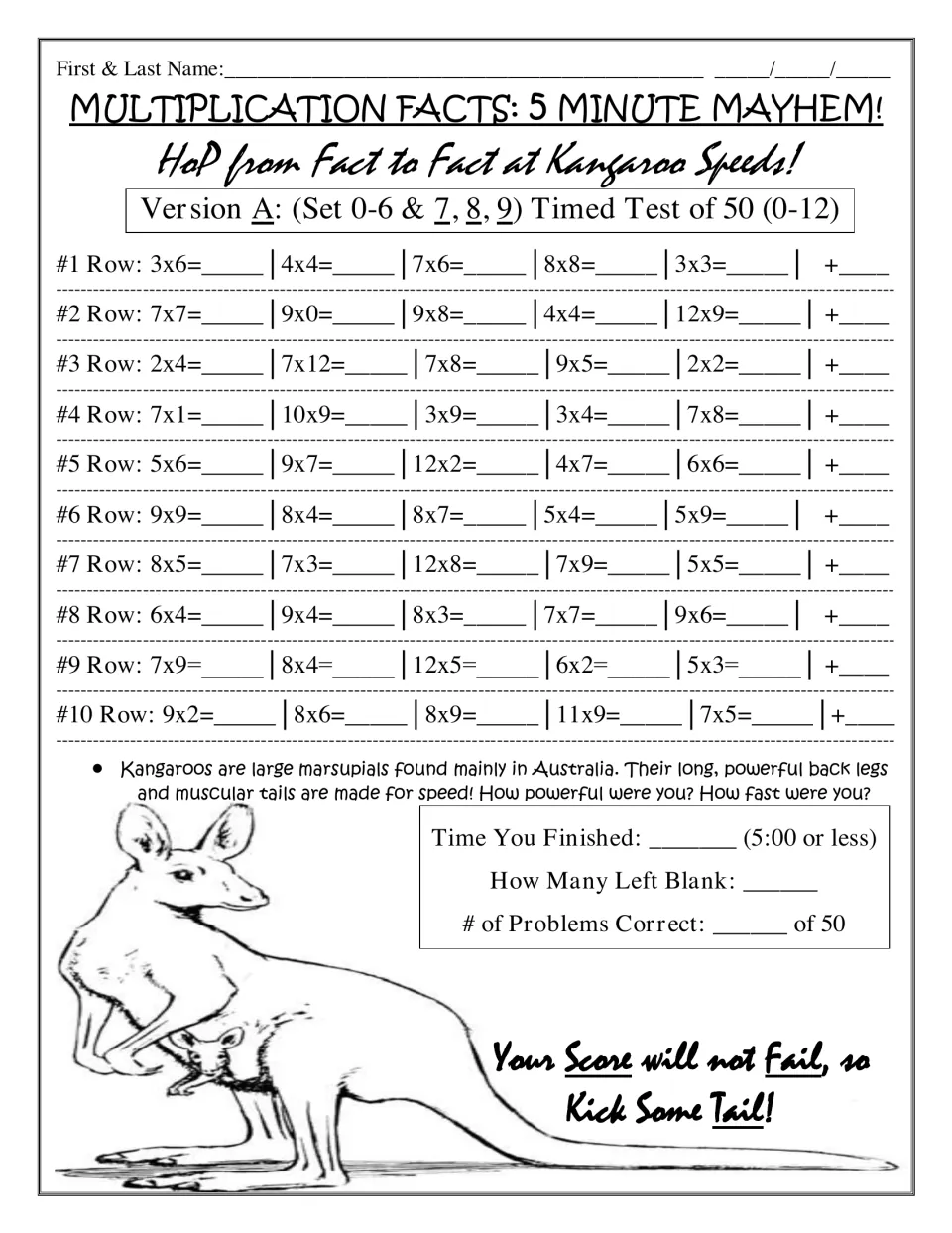 Kangaroo timed test, Version A: students solve 50 facts adding the 7s, 8s and 9s to 0-6, then record their score