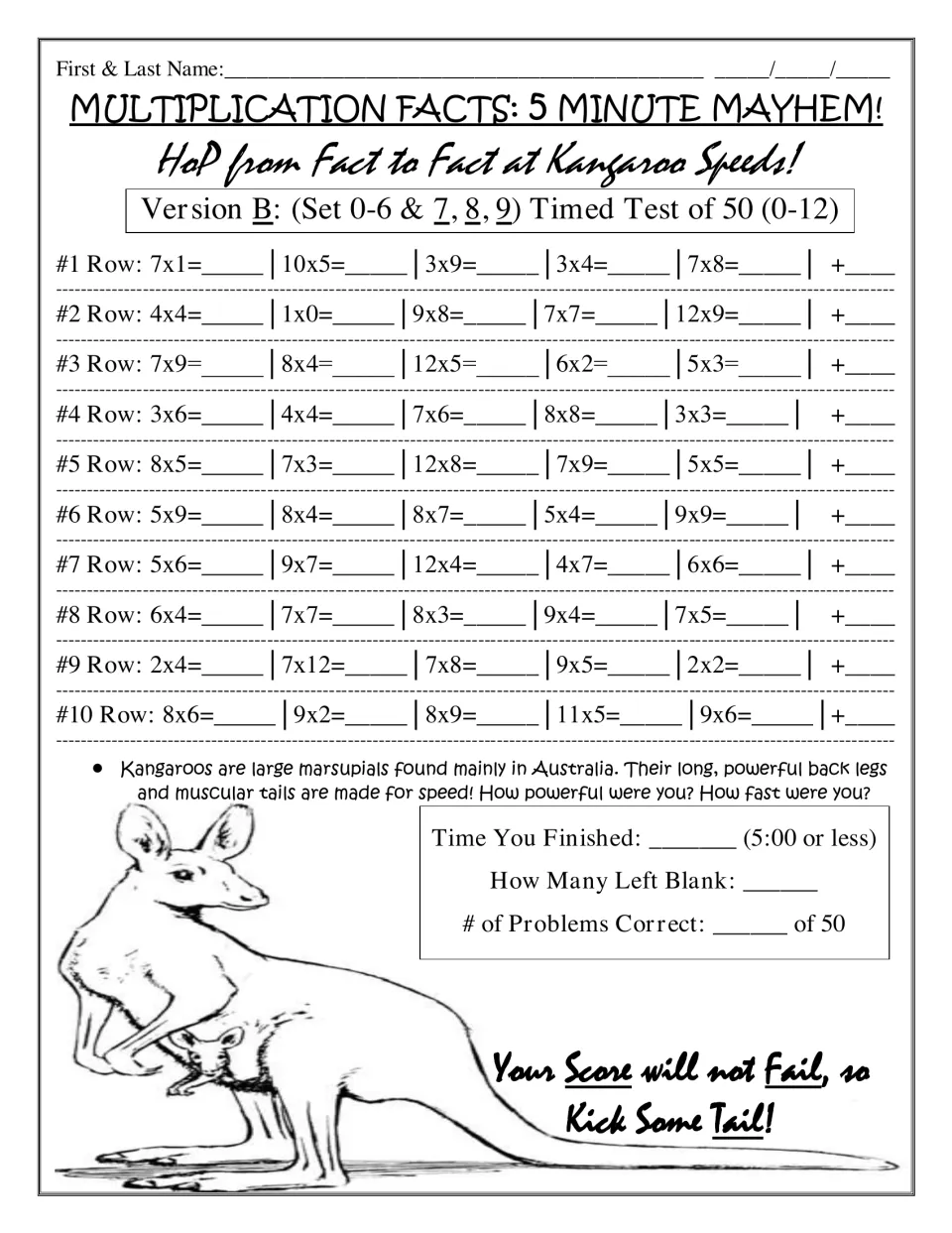 Kangaroo timed test, Version B: 50 reordered facts from the 0-9 tables, with a marsupial fact and a time and score record