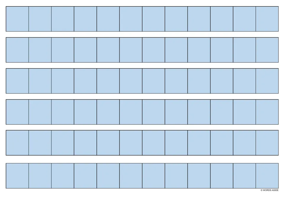 Blank light blue writing strips for multiplication fact practice, with six identical strips on this sheet.
