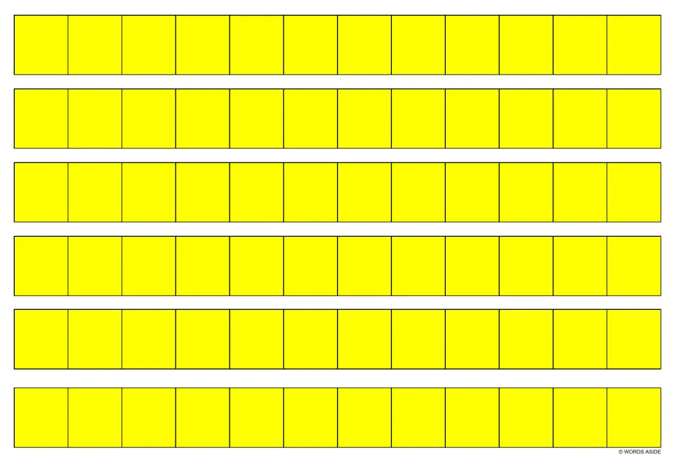 Blank yellow writing strips for multiplication fact practice, with six identical strips on this sheet.