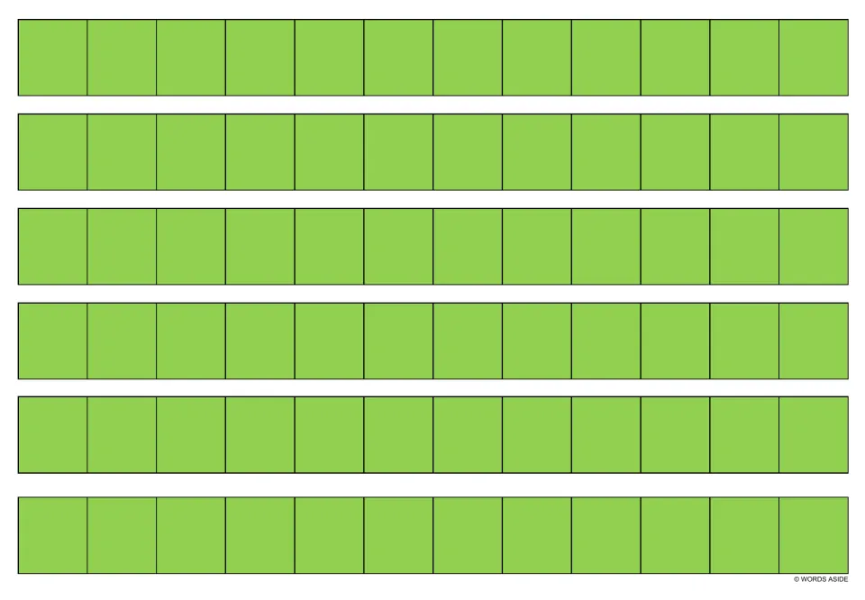 Blank green writing strips for multiplication fact practice, with six identical strips on this sheet.