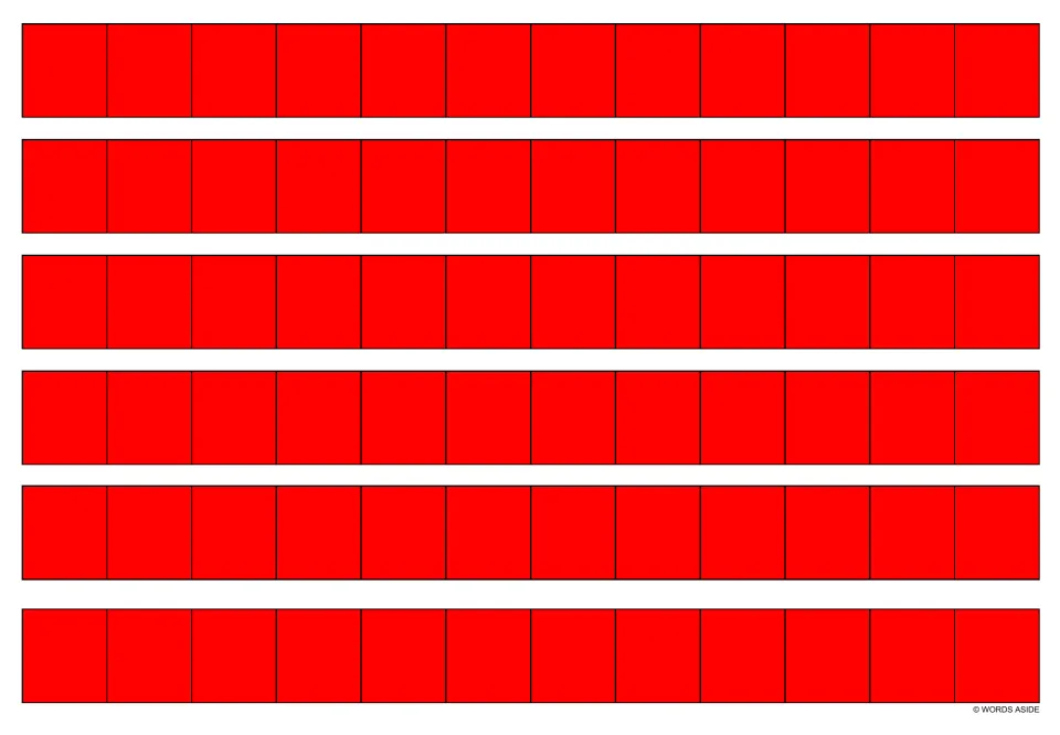 Blank red writing strips for multiplication fact practice, with six identical strips on this sheet.