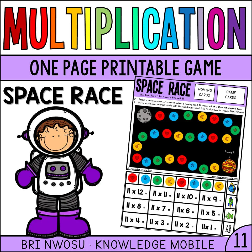 Multiplication Space Race cover: one-page printable board game for the 11s facts, with an astronaut and a board preview