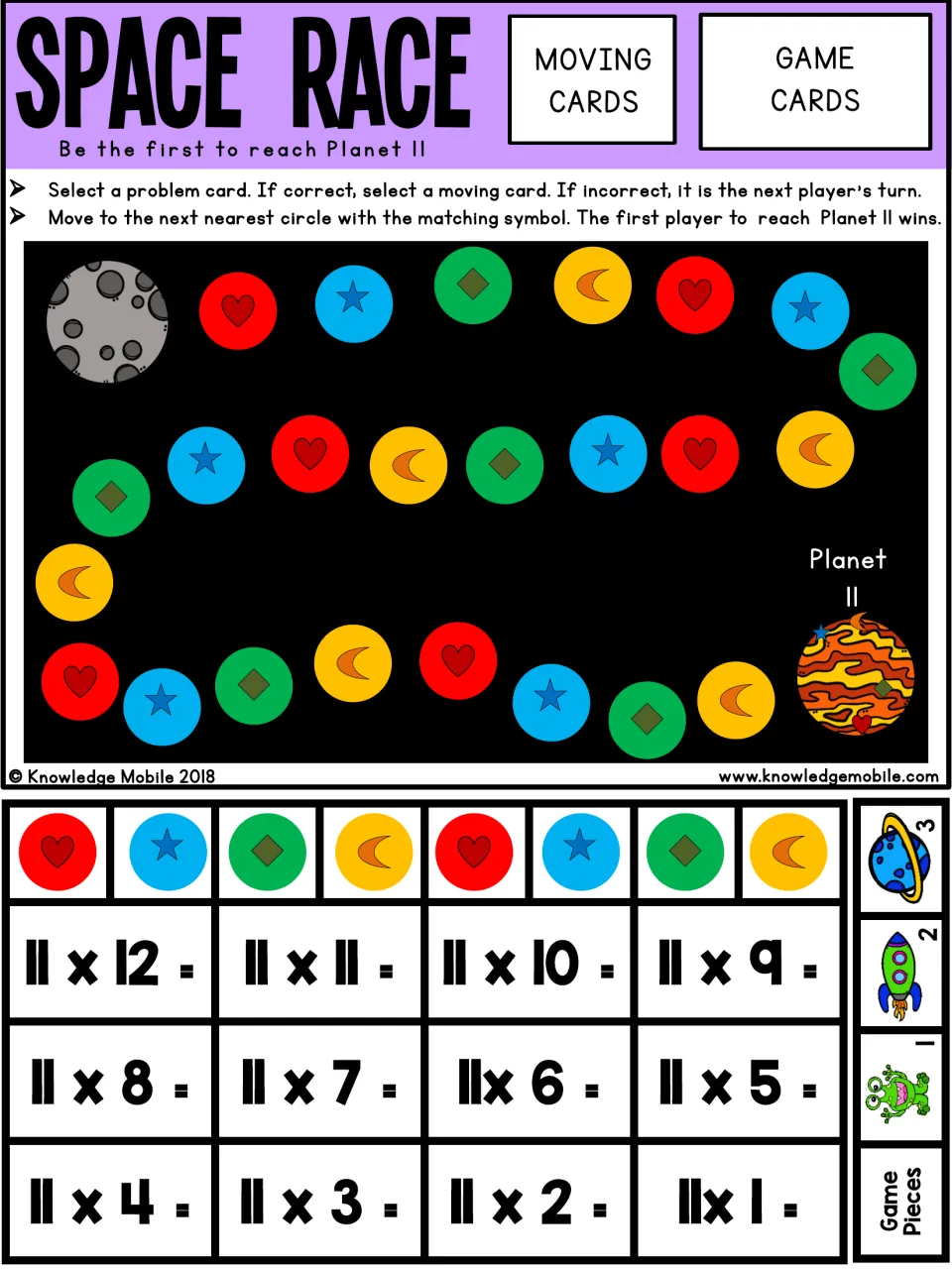 Space Race color board: players solve 11 x 1 to 11 x 12 problem cards and move along symbol circles to reach Planet 11