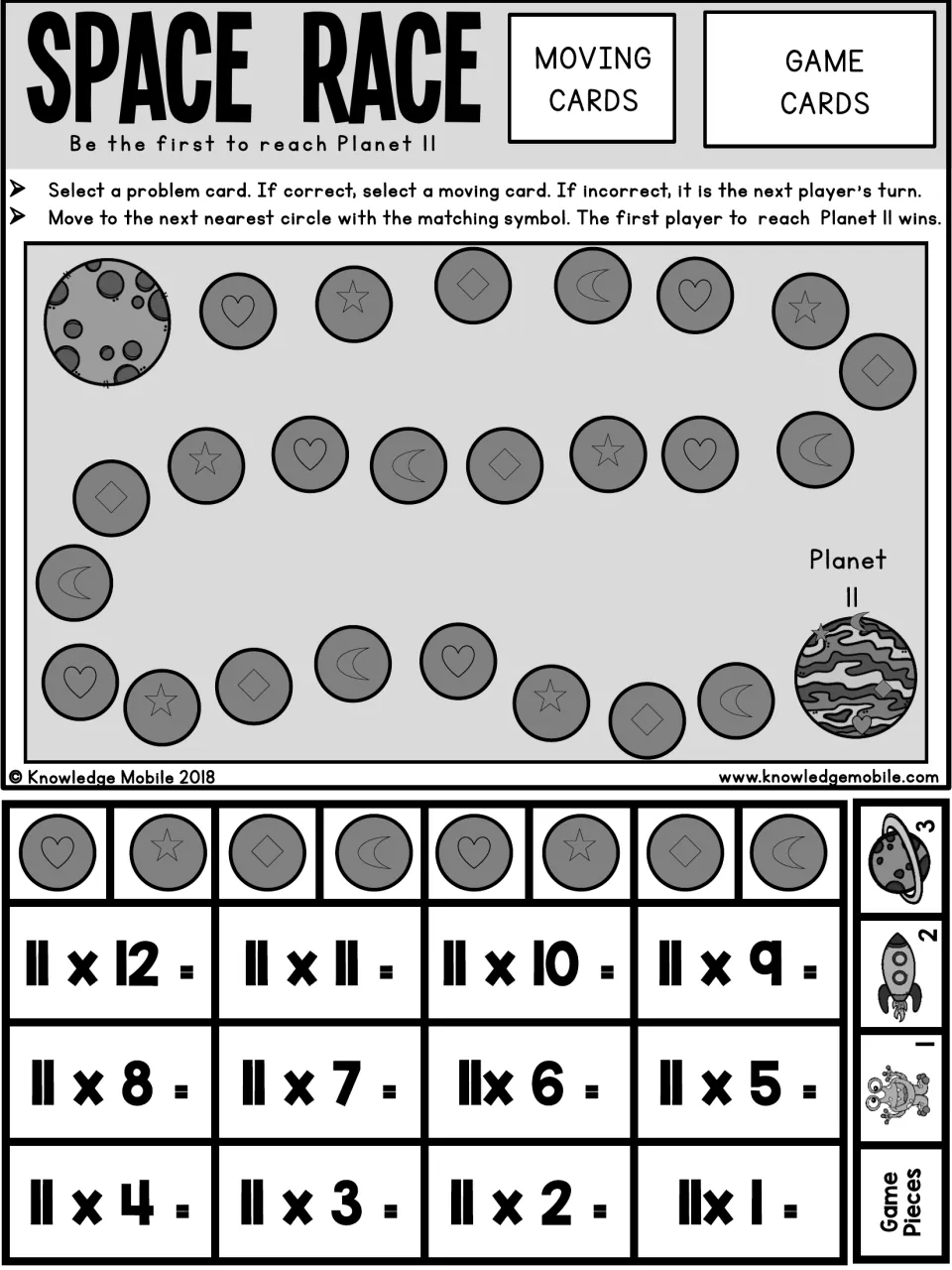 Black-and-white Space Race board with heart, star, diamond and moon moving cards plus 11 x 1 to 11 x 12 problem cards