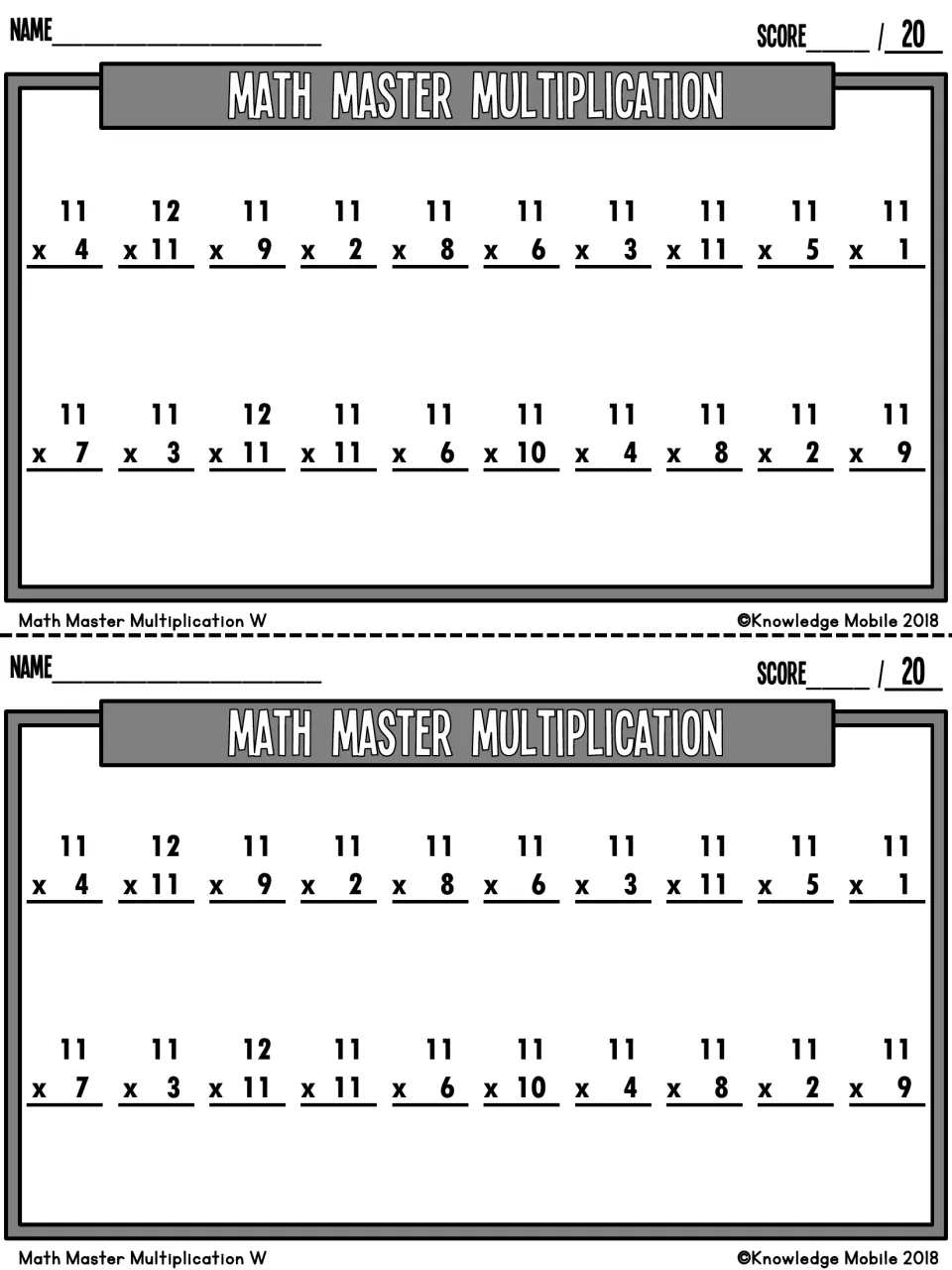 Math Master Multiplication quiz W: students solve 20 facts multiplying by 11, such as 11 x 4 and 12 x 11, in two copies