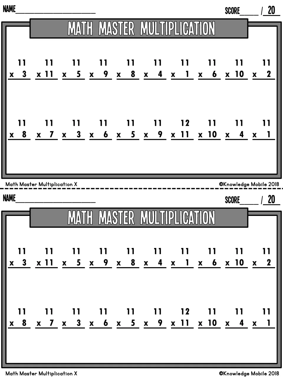 Math Master Multiplication quiz X: students solve a second mixed set of 20 times-11 facts, including 11 x 10 and 12 x 11