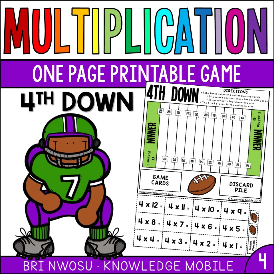 Multiplication cover for 4th Down, a one-page printable football game with x4 fact cards, game board and player art