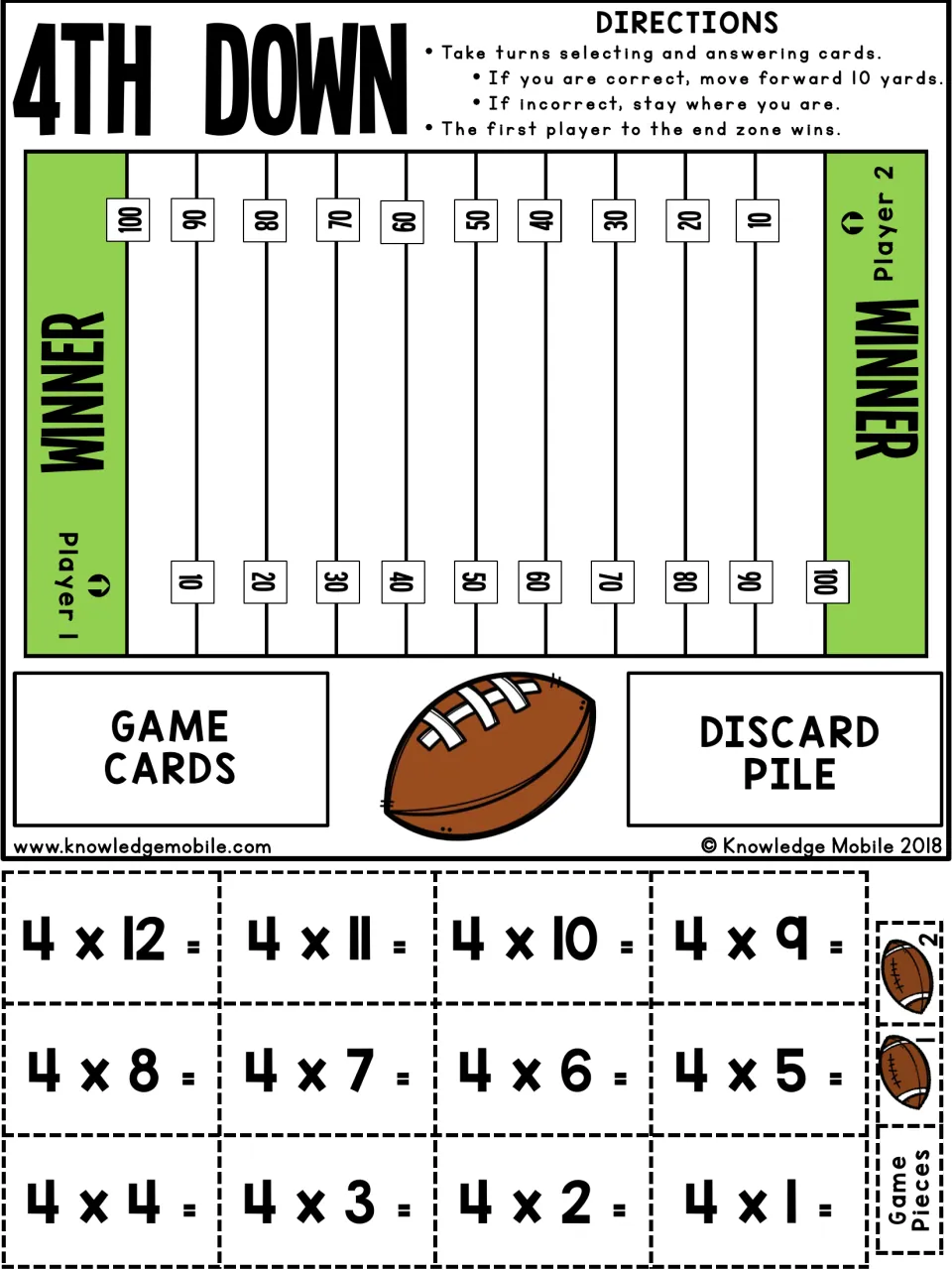 4th Down football board in color: players answer 4 x 1 to 4 x 12 cards and move 10 yards per correct fact to the end zone