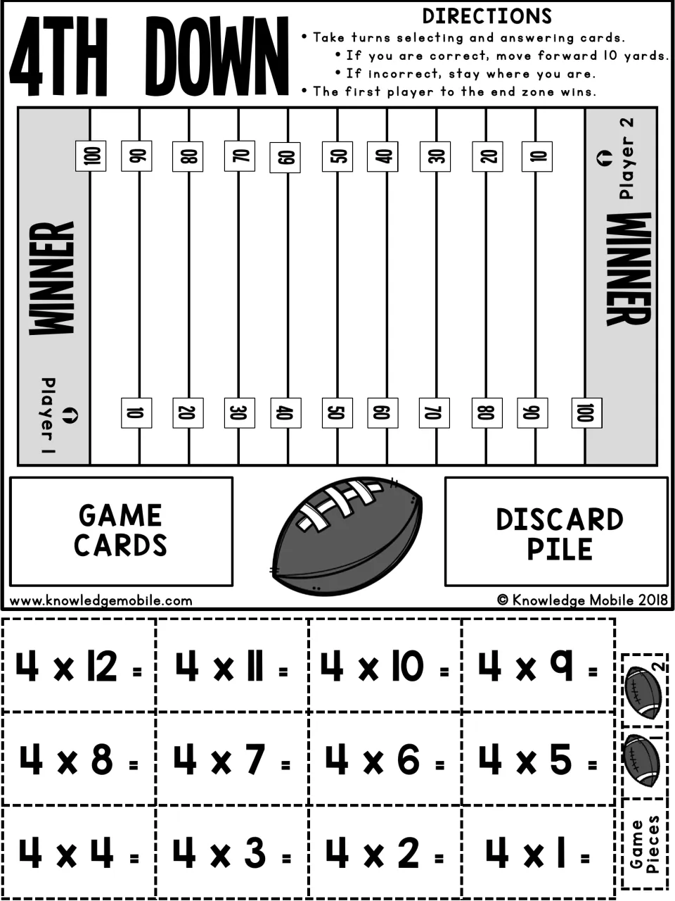 Black-and-white 4th Down board: partners draw 4s fact cards, move 10 yards when correct and race to the opposite end zone