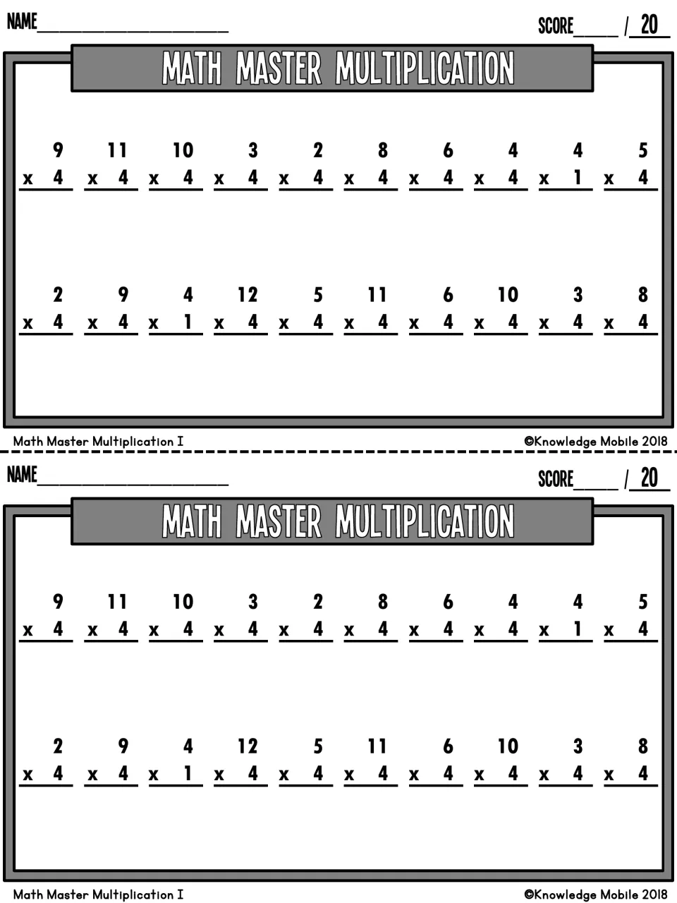 Math Master Multiplication I: students solve 20 vertical facts multiplying by 4, such as 9 x 4 and 12 x 4, scored out of 20
