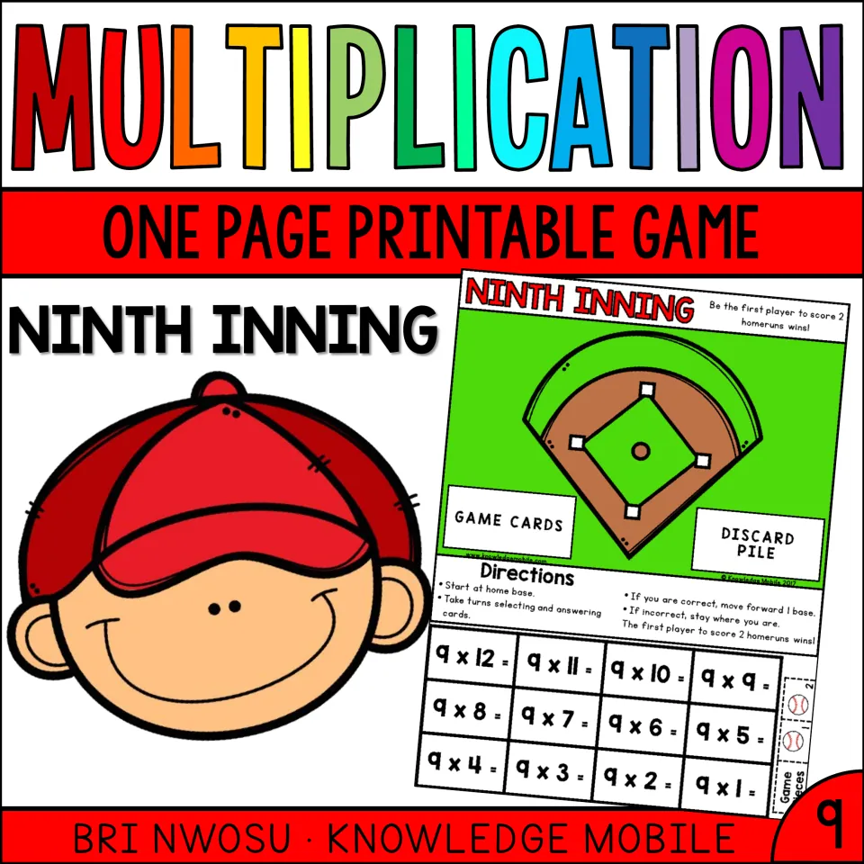 Ninth Inning cover: a one-page printable baseball game for nines multiplication facts, with a preview of the game board