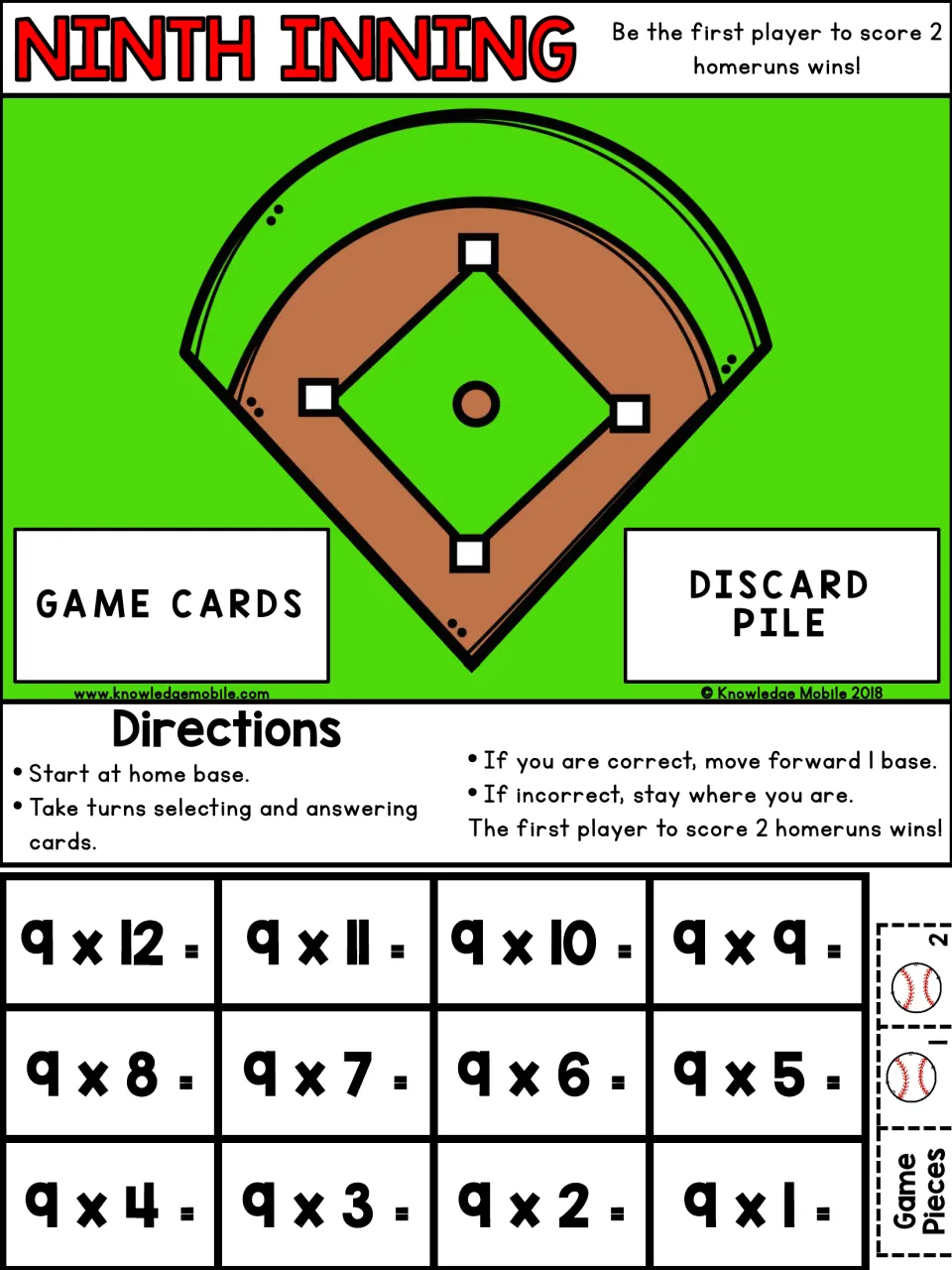 Ninth Inning baseball board: players answer 9 x 1 to 9 x 12 fact cards to move around the bases; first to 2 homeruns wins