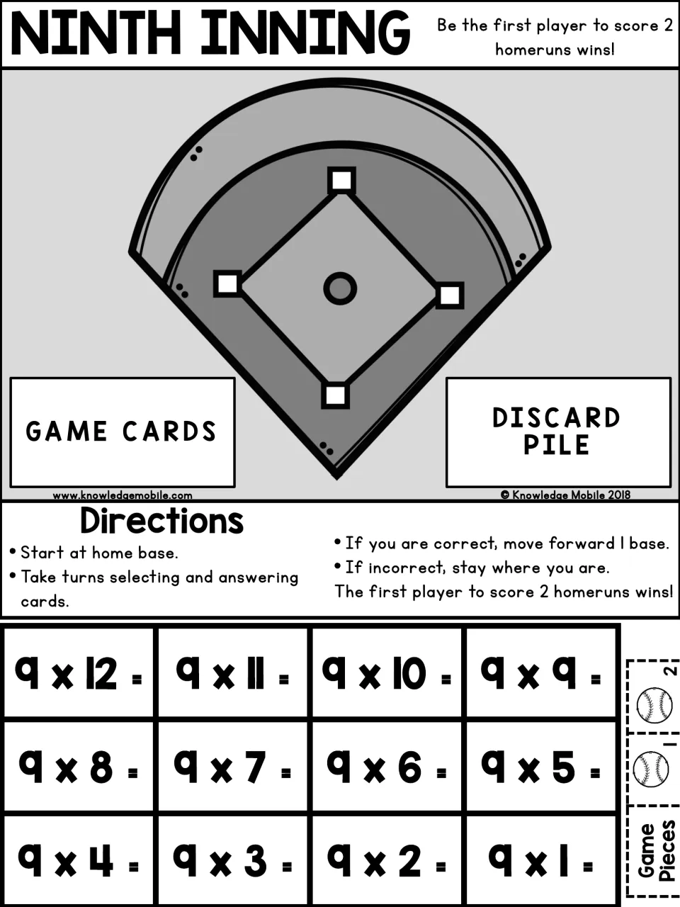 Ninth Inning board in black and white: players answer 9 x 1 to 9 x 12 cut-apart cards to advance bases and score homeruns