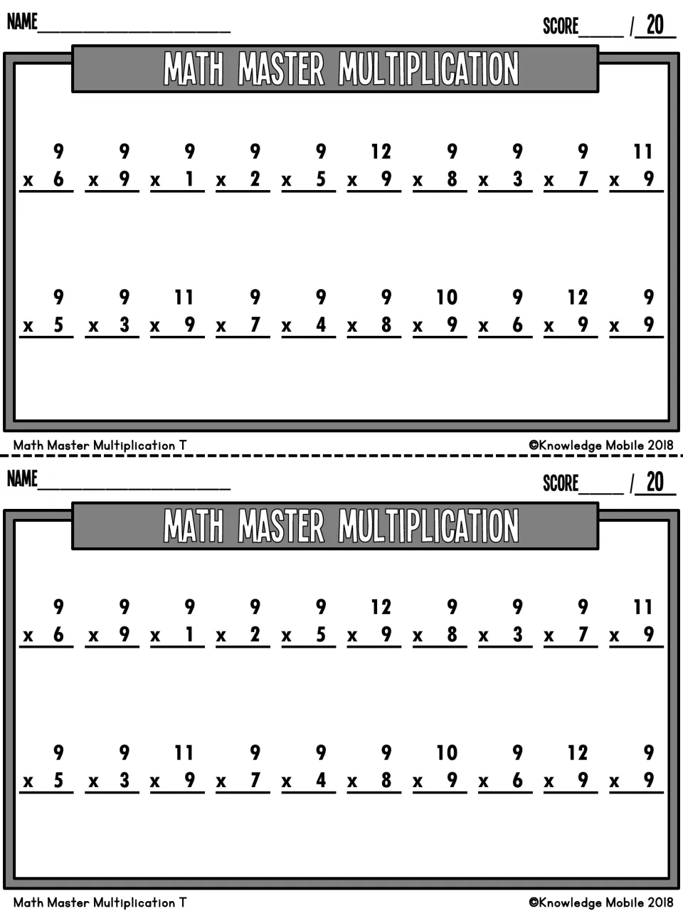 Math Master Multiplication quiz T: students solve 20 nines facts in a new order, like 9 x 6 and 12 x 9, scored out of 20